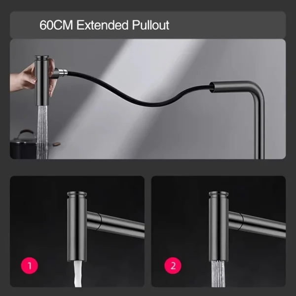 Contemporary Black Brass Waterfall Kitchen Faucet with Pull-Out Sprayer - 图片 5
