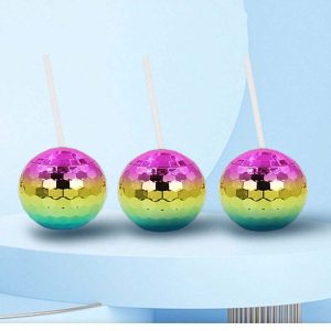 1pc Shiny Ball Shaped Cup, Discoball 600ml Electroplated Plastic Water Cup With Straw For Girls (Straw Color Is Transparent)