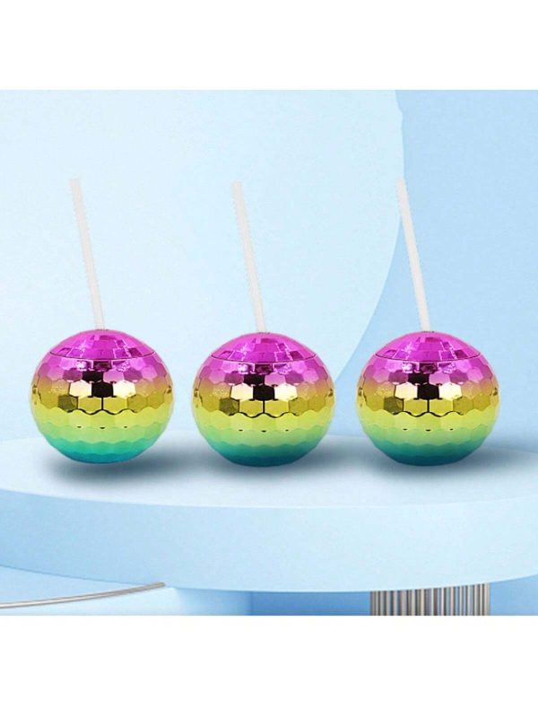 1pc Shiny Ball Shaped Cup, Discoball 600ml Electroplated Plastic Water Cup With Straw For Girls (Straw Color Is Transparent)