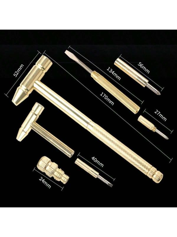 1pc Multi-Functional Small Copper-Plated Hammer With Small Screwdriver Set, Six In One Tool For Household Work