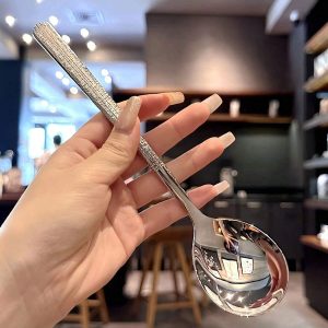 Stainless Steel Tableware Hammer Pattern Korean Style Spoon For Home, Restaurant, Bar, Coffee, Dessert Serving, With Long Handle And Rounded Head