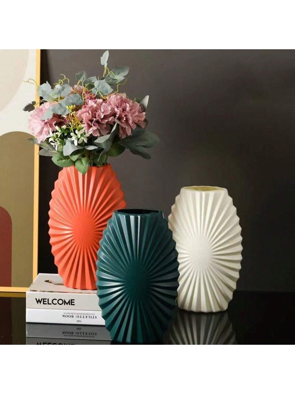Nordic Style Light Luxury Sunflower Vase, Porcelain-Imitation Glaze, Simple And Durable Plastic Striped Vase, Lightweight Illustration For Living Room, Bedroom, Wedding, Party Decoration, Office Desktop Ornament