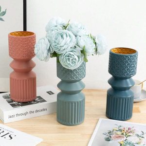 Nordic Style Light Luxury Roman Column Shaped Vase, Imitation Porcelain Glazed Finish, Simple & Durable Plastic Gourd-Shaped Vase, Light & Illustrated, Ideal For Living Room, Bedroom, Wedding Party Decorations, Office Tabletop Decoration