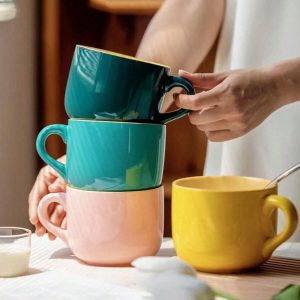 Minimalist Home Ceramic Color-Blocking Breakfast Cup And Dish, High-Value Mark Cup, Oatmeal Cup, Coffee Cup, Milk Cup, Couple Cup, Gift Cup, Multicolor Large Capacity Water Cup, Wedding Souvenirs, Graduation, Daily And Holiday Gifts