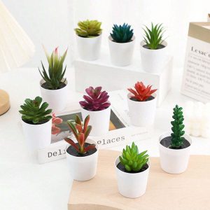 Realistic Velvety Artificial Succulent Small White Barrel-Shaped Potted Plant Decoration, Faux Flower Tabletop Ornament, Miniature Fleshy Bonsai Simulation Green