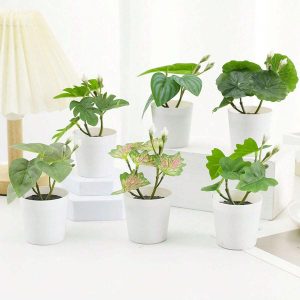 Small White Bucket Shaped Artificial Potted Plant With Simulation Flowers, Faux Green Plant For Tabletop Decoration, Mini Landscape Ornament