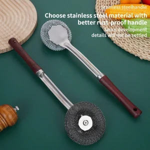 1pc Stainless Steel Spiral Fiber Brush Head Scrubber With Long Handle, Kitchen Cleaning Tool For Pots And Pans