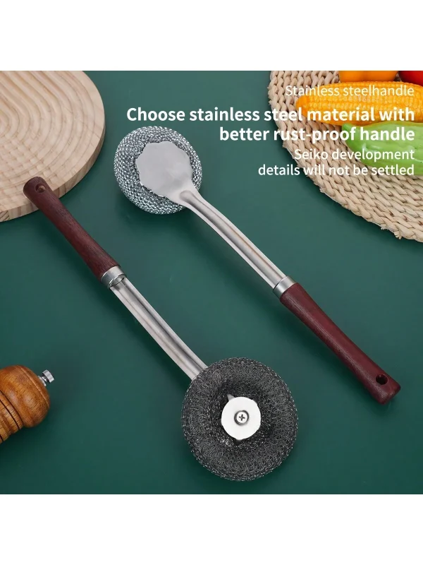 1pc Stainless Steel Spiral Fiber Brush Head Scrubber With Long Handle, Kitchen Cleaning Tool For Pots And Pans