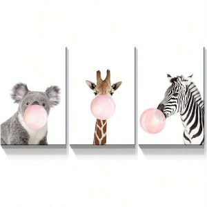 3pcs Koala Giraffe Zebra And Pink Bubble Gum - Animal Wall Art Decorative Painting