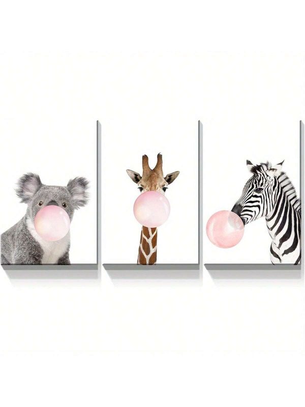 3pcs Koala Giraffe Zebra And Pink Bubble Gum - Animal Wall Art Decorative Painting