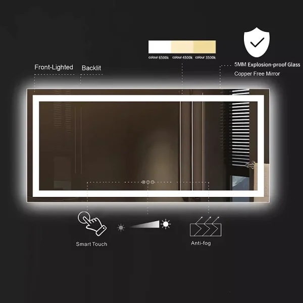Modern Full-Length LED Lighted Bathroom Mirror with Touch Sensor, Anti-Fog, and Dimmable Features - 图片 2