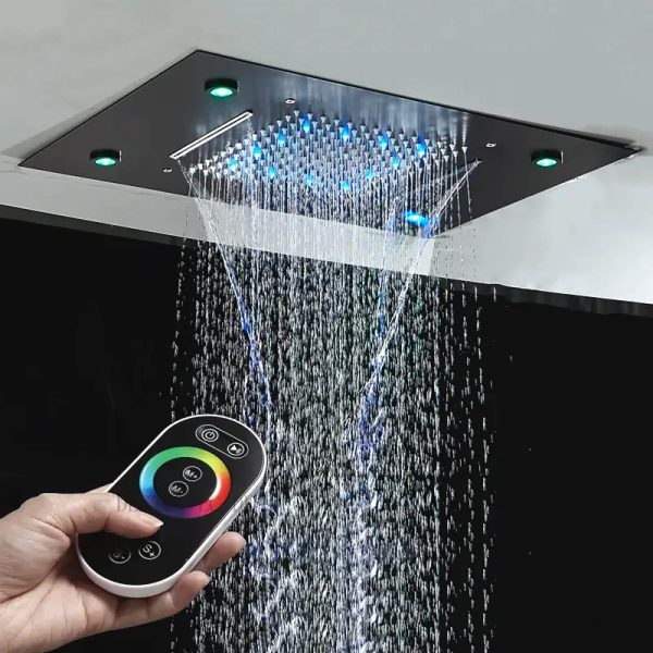 Luxury Gold Thermostatic LED Shower Set with Rainfall & Waterfall Ceiling Mount - 图片 3