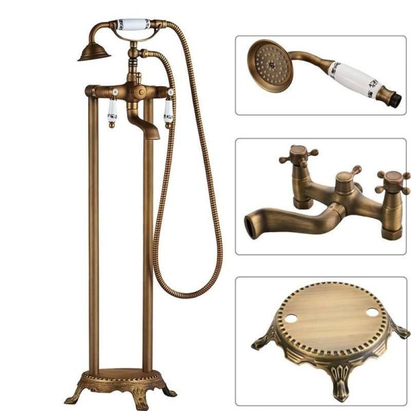 Elegant Dual-Handle Floor-Mount Bathtub Faucet with Handheld Shower - 图片 3