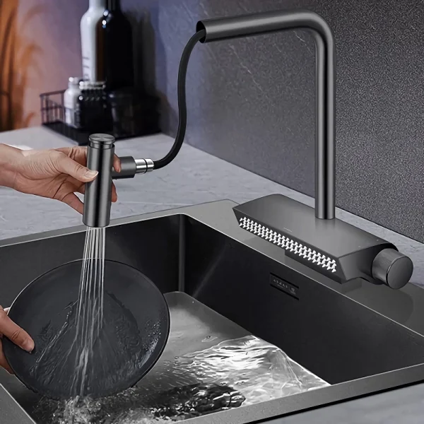 Contemporary Black Brass Waterfall Kitchen Faucet with Pull-Out Sprayer - 图片 4