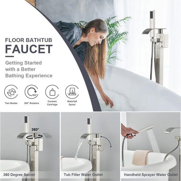 Luxury Square Floor Standing Bathtub Faucet with Waterfall Mixer - 图片 2