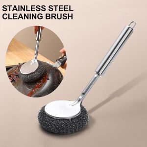 1pc Stainless Steel Spiral Fiber Brush Head Scrubber With Long Handle, Kitchen Cleaning Tool For Pots And Pans
