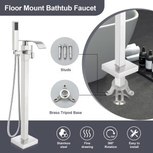 Luxury Square Floor Standing Bathtub Faucet with Waterfall Mixer