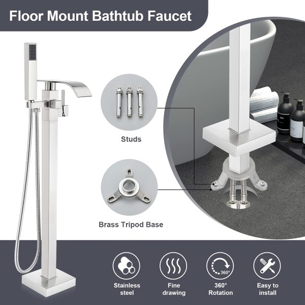 Luxury Square Floor Standing Bathtub Faucet with Waterfall Mixer