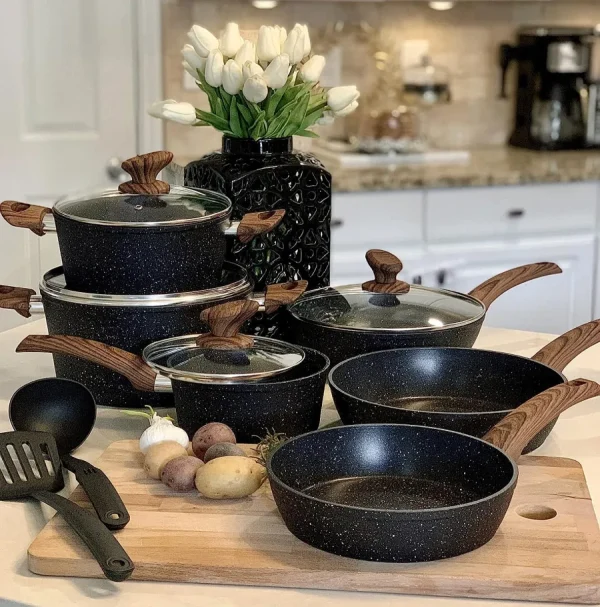 12 piece granite cooking pot set, wear-resistant and non stick pot