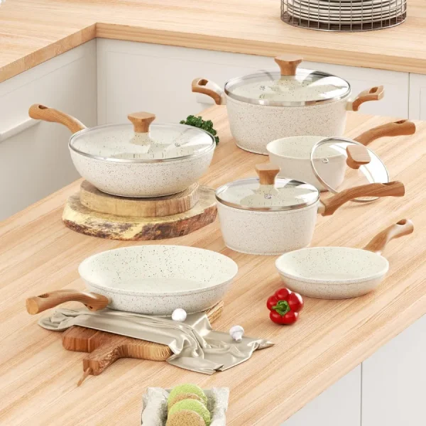 13 piece ceramic pot set, flat bottomed pan, frying pan, soup pot, high temperature resistant design with bakelite wood