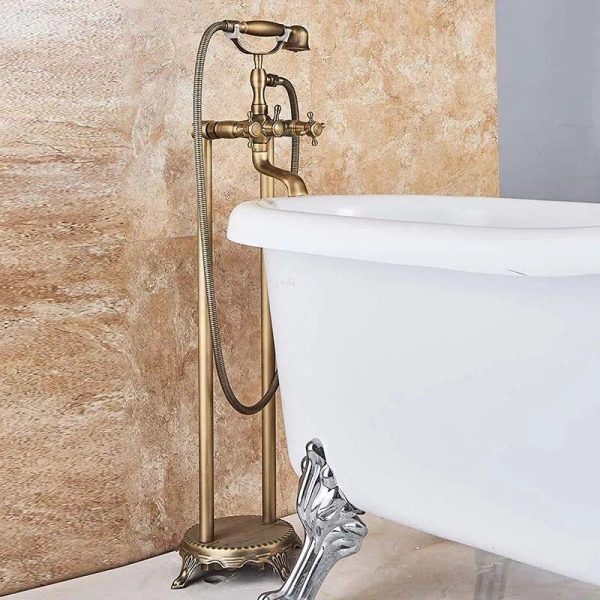 Elegant Dual-Handle Floor-Mount Bathtub Faucet with Handheld Shower - 图片 4