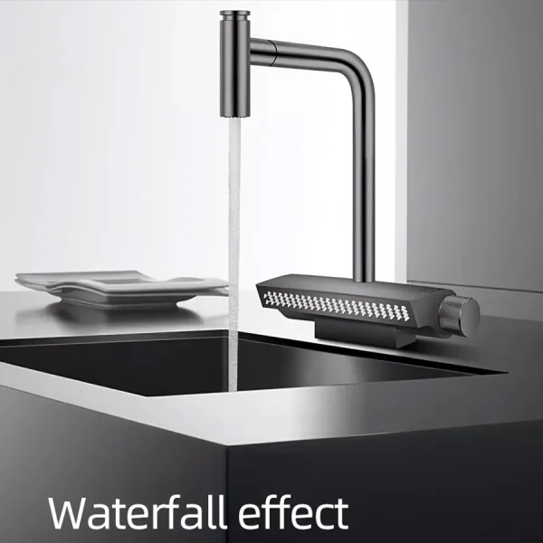 Contemporary Black Brass Waterfall Kitchen Faucet with Pull-Out Sprayer - 图片 6