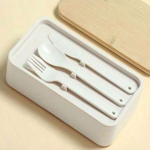 Japanese-Style Bamboo Lid Bento Box For Work With Large Capacity, Double Layer Compartment, Plastic Material, Microwave Safe And Fresh Keeping