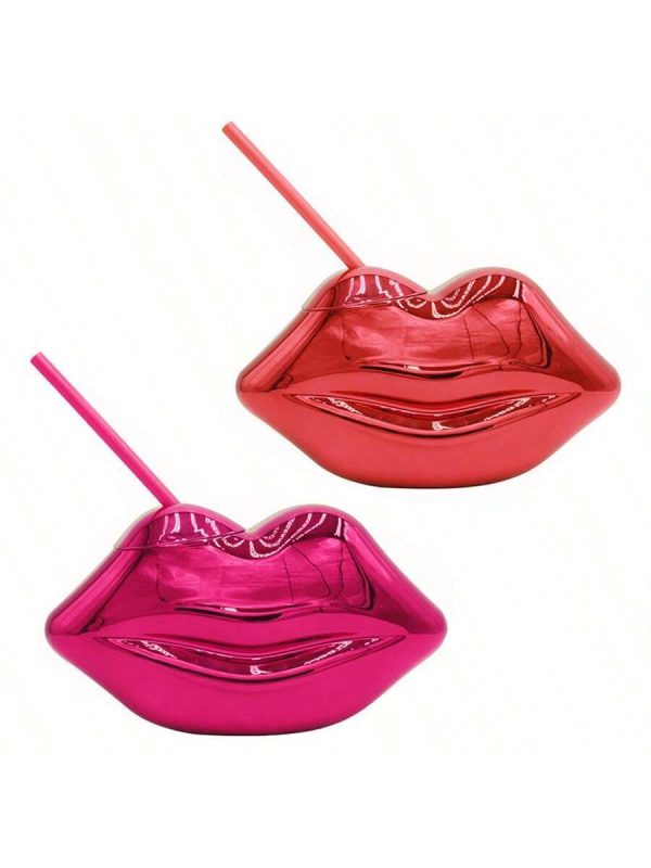1pc Lip Shaped Disco Party Creative Retro Drinking Straw Cup With Electroplating Plastic Material