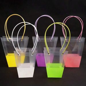 1pc Trapezoidal Waterproof Opp Plastic Flower Packaging Bag, Flower Gift Handbag For Hand Carry