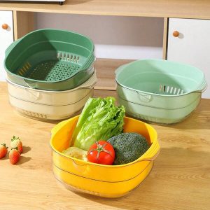 1pc High-Value Double-Layer Colorblock Thickened Drain Basket For Kitchen Vegetable And Fruit Washing, With Large Capacity