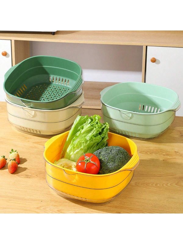 1pc High-Value Double-Layer Colorblock Thickened Drain Basket For Kitchen Vegetable And Fruit Washing, With Large Capacity