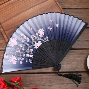 Foldable Hand Fan, Chinese Style Silk And Bamboo Fan With Dual Color, Hollow Tassel Dangle Design For Weddings, Parties, Home Decor And Festive Gifts.