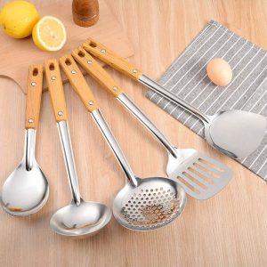Simple Wood Grain Handle Stainless Steel Cooking Utensil Set For Home Kitchen, Includes Spatula, Ladle, Turner, Colander, Heat-Resistant Pad