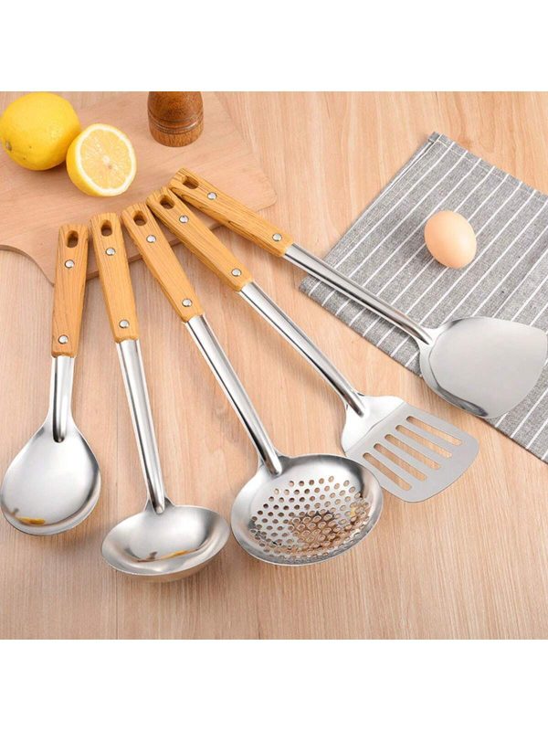 Simple Wood Grain Handle Stainless Steel Cooking Utensil Set For Home Kitchen, Includes Spatula, Ladle, Turner, Colander, Heat-Resistant Pad