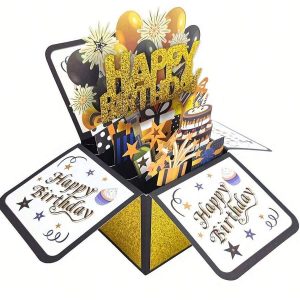 1pc Birthday Card With Pop-Up Design, Belt Paper Strip And Envelope, Perfect Gift For Husband, Wife, Men And Women On Birthday, 3D Pop-Up Style Birthday Greeting Card, High-End Small Business Accessory, Luxurious Gold Onion Powder Decoration, Happy Birthday Message With Black And Gold Matching Colors.