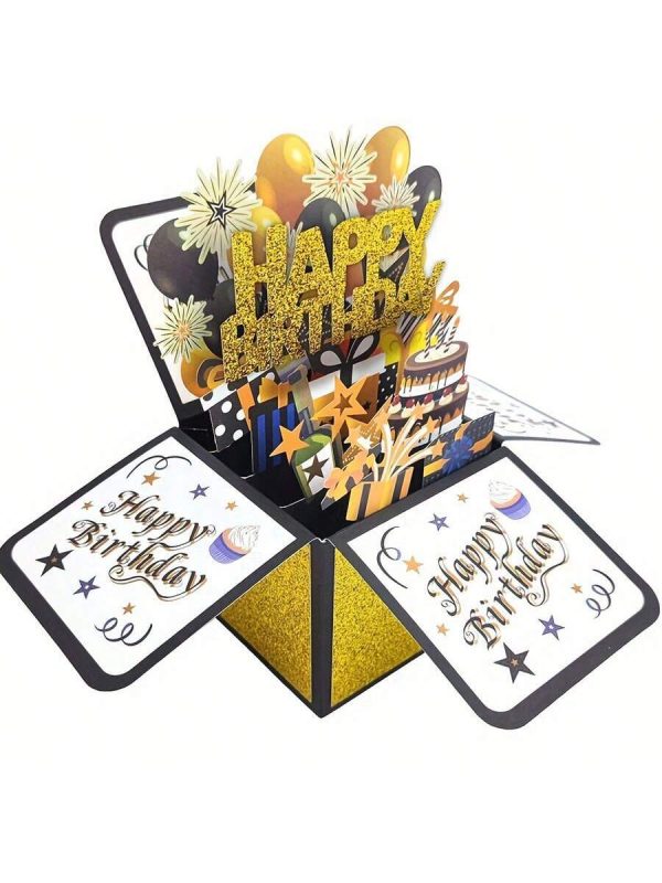 1pc Birthday Card With Pop-Up Design, Belt Paper Strip And Envelope, Perfect Gift For Husband, Wife, Men And Women On Birthday, 3D Pop-Up Style Birthday Greeting Card, High-End Small Business Accessory, Luxurious Gold Onion Powder Decoration, Happy Birthday Message With Black And Gold Matching Colors.