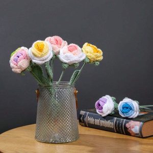 Handmade Finished Single Gradient Knitted Rose Home Decorative Item Knitted Realistic Flower Bouquet With Pot