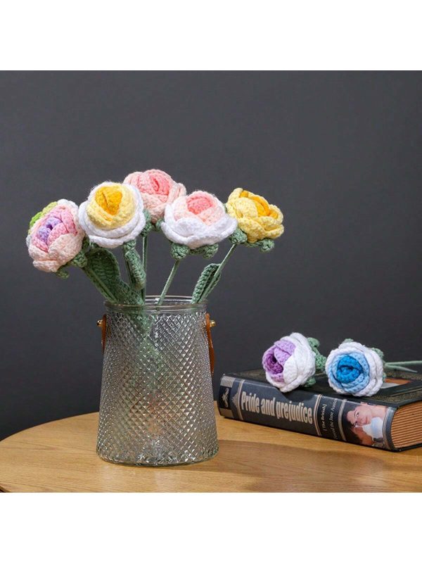 Handmade Finished Single Gradient Knitted Rose Home Decorative Item Knitted Realistic Flower Bouquet With Pot