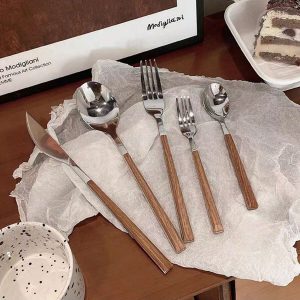 Luxury Ins Style Portable Stainless Steel Cutlery With Retro Wood-Like Handle For Home Use, Including Spoons, Forks, Steak Knives, Dessert Spoons And Fruit Forks.