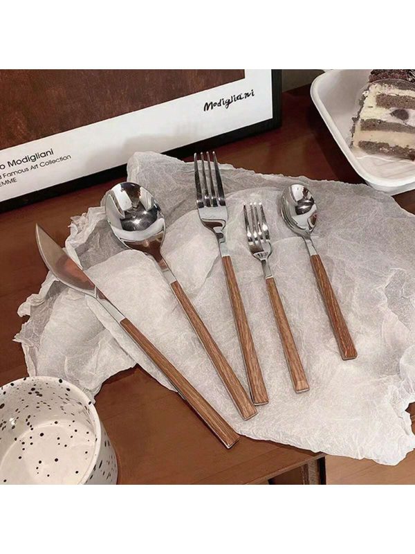 Luxury Ins Style Portable Stainless Steel Cutlery With Retro Wood-Like Handle For Home Use, Including Spoons, Forks, Steak Knives, Dessert Spoons And Fruit Forks.