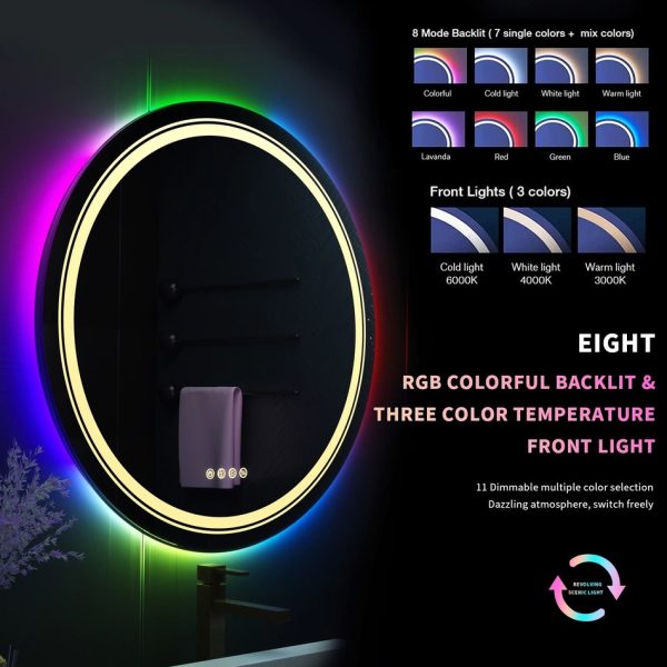 Large Round LED Bathroom Mirror with RGB Color Changing and Anti-Fog Function