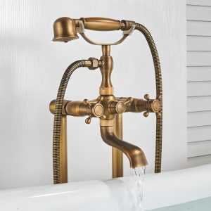 Elegant Dual-Handle Floor-Mount Bathtub Faucet with Handheld Shower