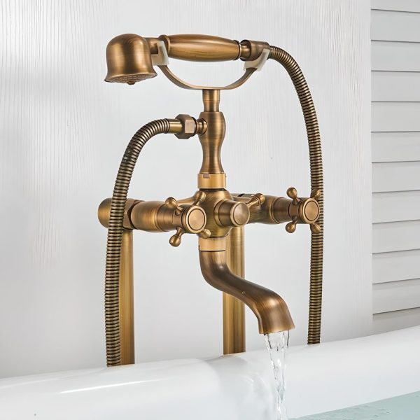 Elegant Dual-Handle Floor-Mount Bathtub Faucet with Handheld Shower