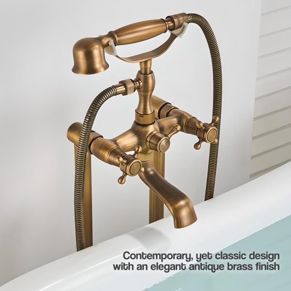 Elegant Dual-Handle Floor-Mount Bathtub Faucet with Handheld Shower - 图片 2