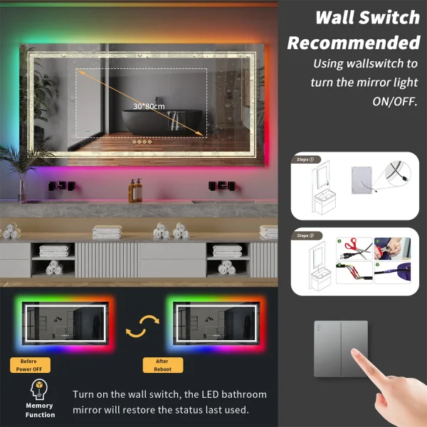 Elegant LED Vanity Mirror with RGB Backlight & Dimmable Anti-Fog Features for Modern Bathrooms - 图片 2
