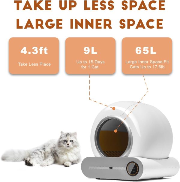 Smart Self-Cleaning Cat Litter Box with App Control and Ionic Deodorizer, 65L - 图片 3