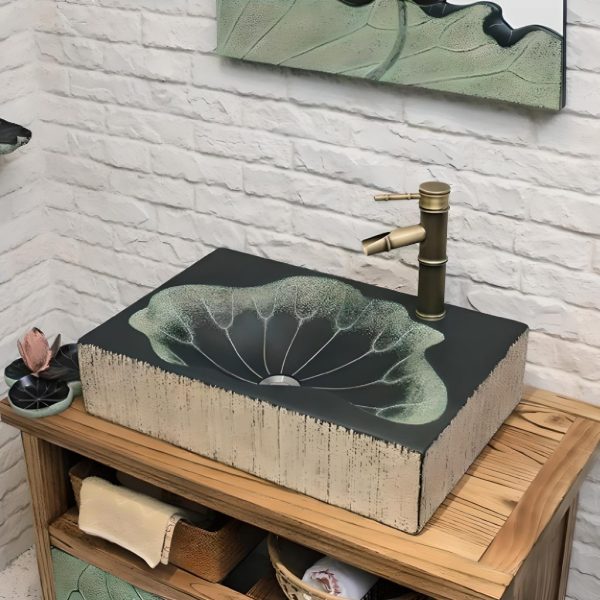 Modern Lotus Leaf Rectangular Resin Washbasin – Elegant Above Counter Bathroom Sink