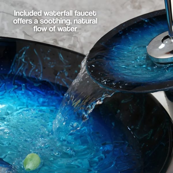 Tempered Glass Waterfall Faucet Oval Basin with Drain Pipe - 图片 2
