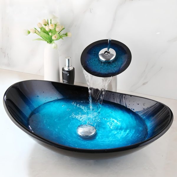 Tempered Glass Waterfall Faucet Oval Basin with Drain Pipe