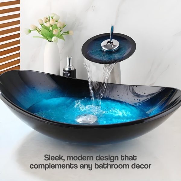 Tempered Glass Waterfall Faucet Oval Basin with Drain Pipe - 图片 4